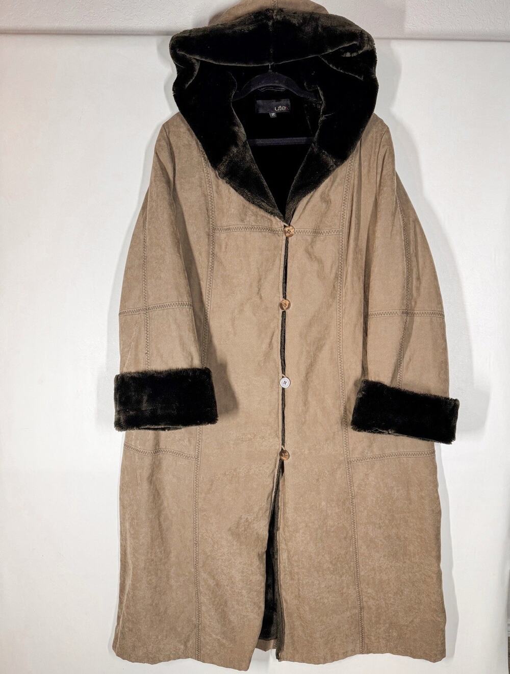 Vintage Utex Faux Fur Brown Overcoat Hooded Cuff Size XL Long Lined 90s